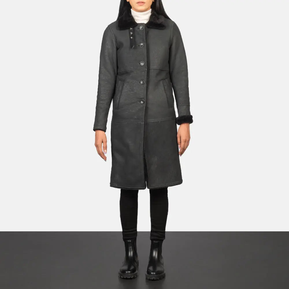 Alina Distressed Black Shearling Sheepskin Leather Coat