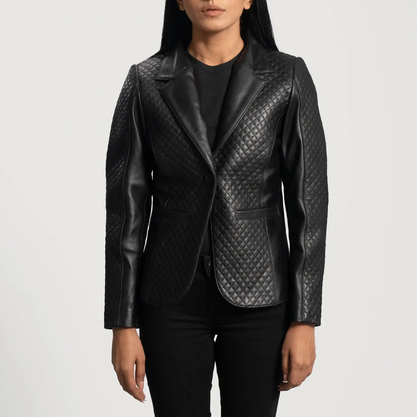 Cora Quilted Black Sheepskin Leather Blazer
