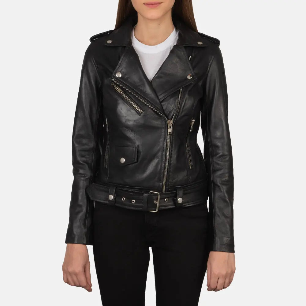 Alison Black Cowhide Belted Moto Jacket