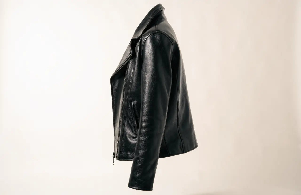 Black leather jacket for men, studio product shot on a neutral background