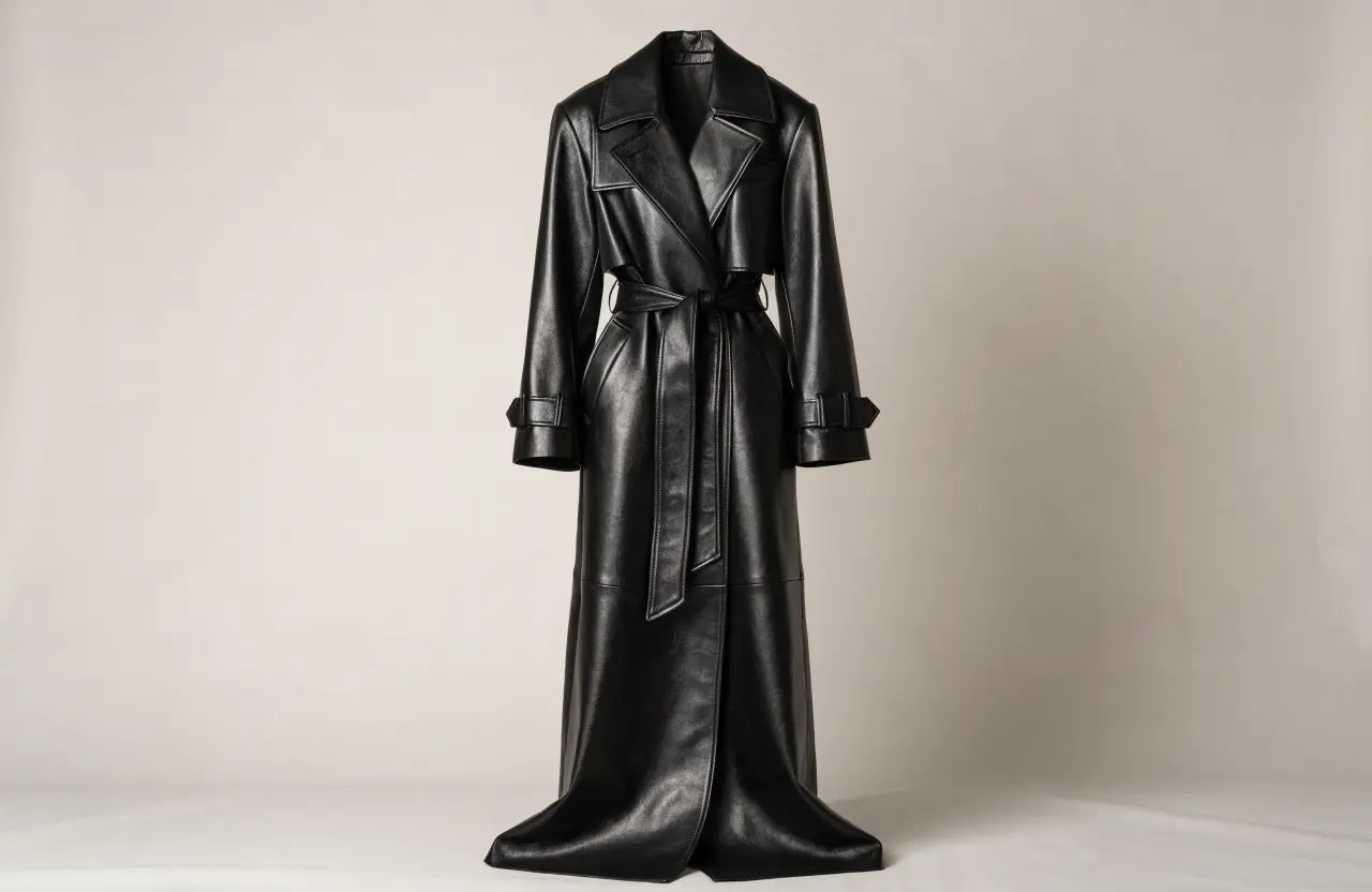 Black leather trench coat, belted and full length, studio product shot