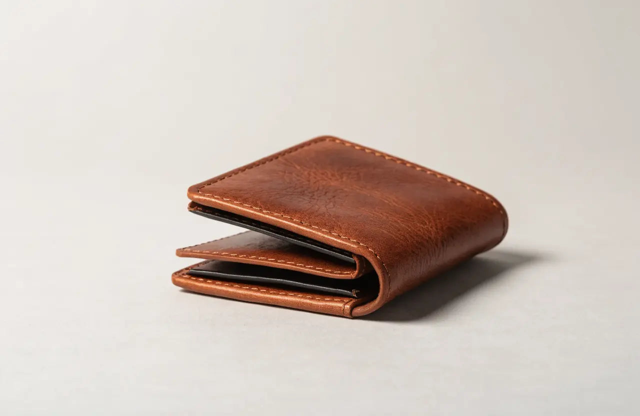 Brown full-grain leather bifold wallet, slightly open showing card slots