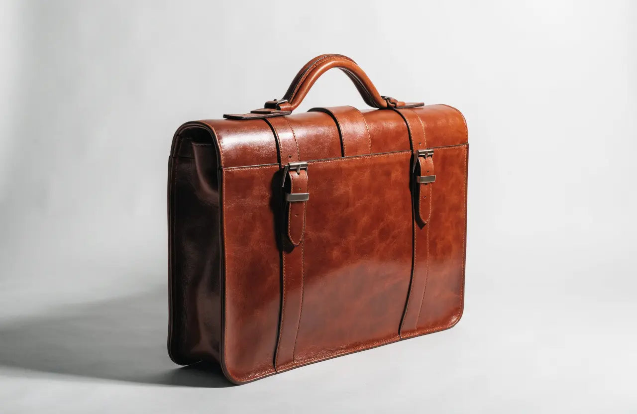 Brown full-grain leather briefcase with a top handle and buckle detailing, product shot