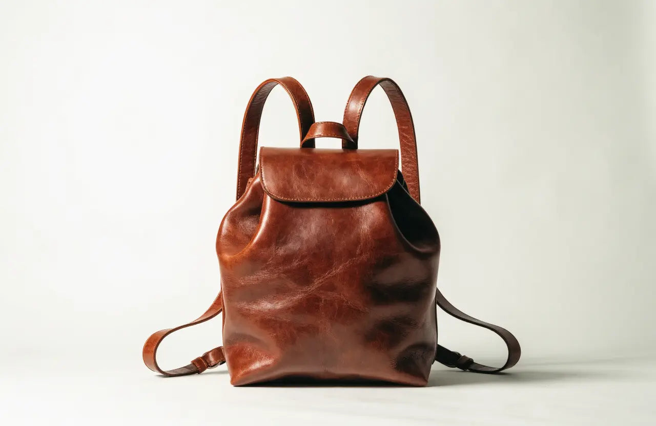 Brown leather backpack with two straps and a flap closure, studio product shot