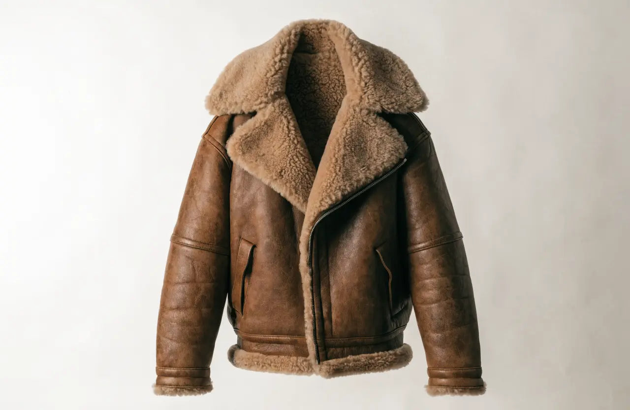 Brown shearling-lined aviator flight jacket with a large fold-down collar, product shot