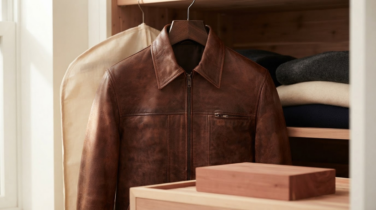 A brown leather jacket on a padded wooden hanger in a breathable wardrobe, seasonal leather storage