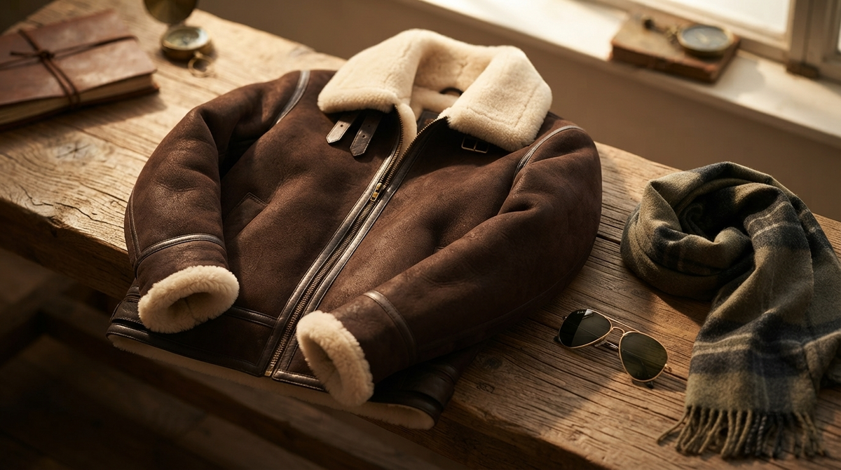 A brown shearling aviator flight jacket with thick cream fur collar laid on a rugged wooden bench beside vintage aviator sunglasses and a wool scarf