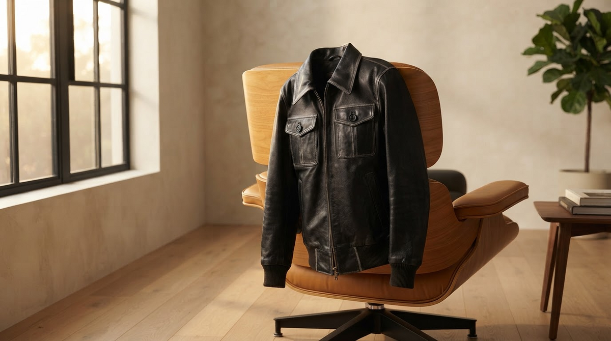 A classic black leather jacket draped over a mid-century leather armchair in a warm minimalist room, soft window light catching the grain