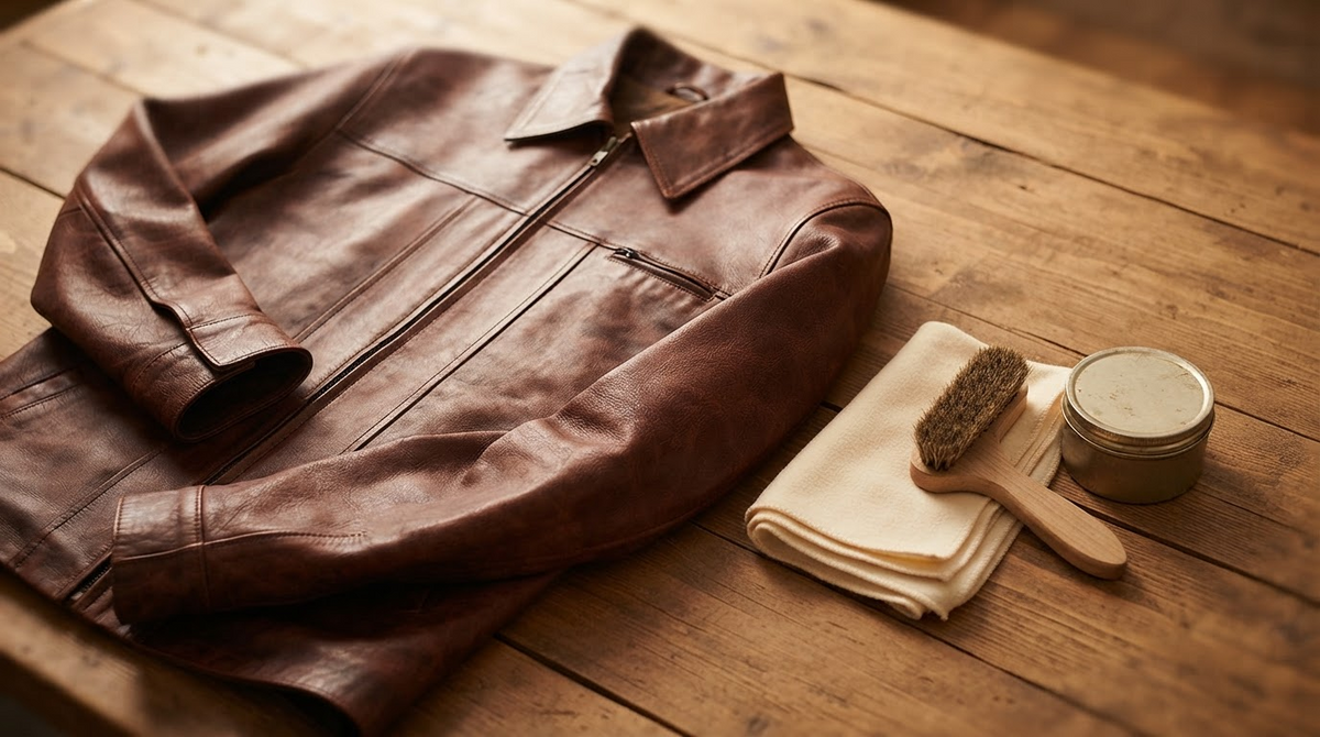 A brown leather jacket beside a soft cloth, brush and tin of conditioner on a wooden surface, care-kit flat lay