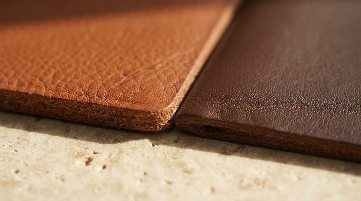 Two swatches of leather side by side, one thick full-grain with natural markings and one smoother top-grain, close macro on a stone surface
