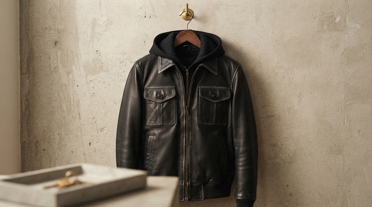 A black leather jacket with a removable cotton hood on a wooden hanger against a concrete wall, urban minimalist