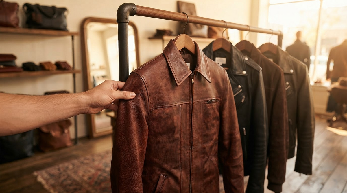 Several leather jackets in brown and black hanging in a boutique, a shopper hand reaching to feel the leather