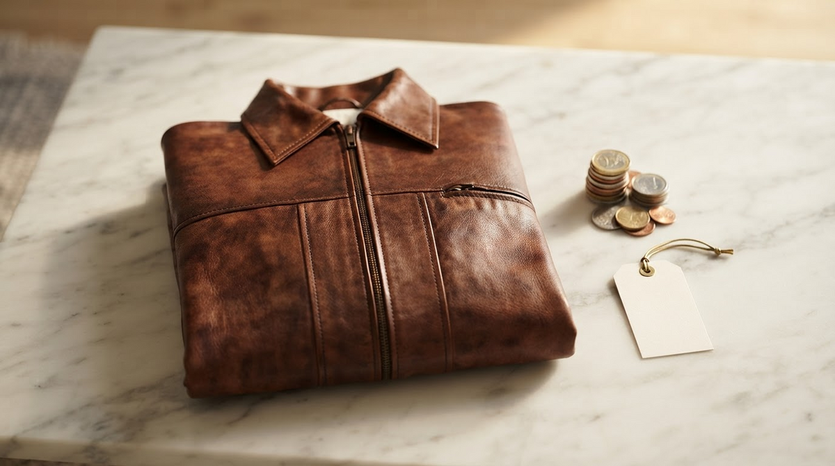 A premium brown leather jacket folded neatly next to a price tag and a small stack of coins on a marble surface