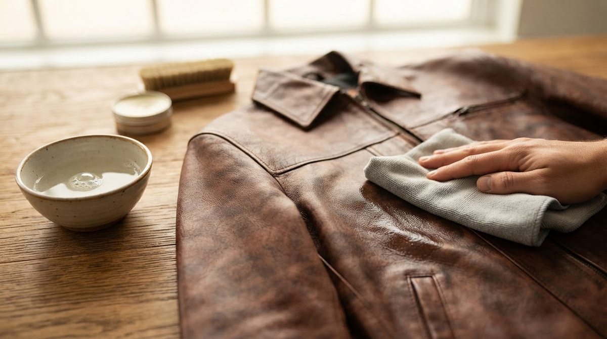 A brown leather jacket on a table being gently wiped with a soft microfibre cloth, mild soap and water bowl nearby