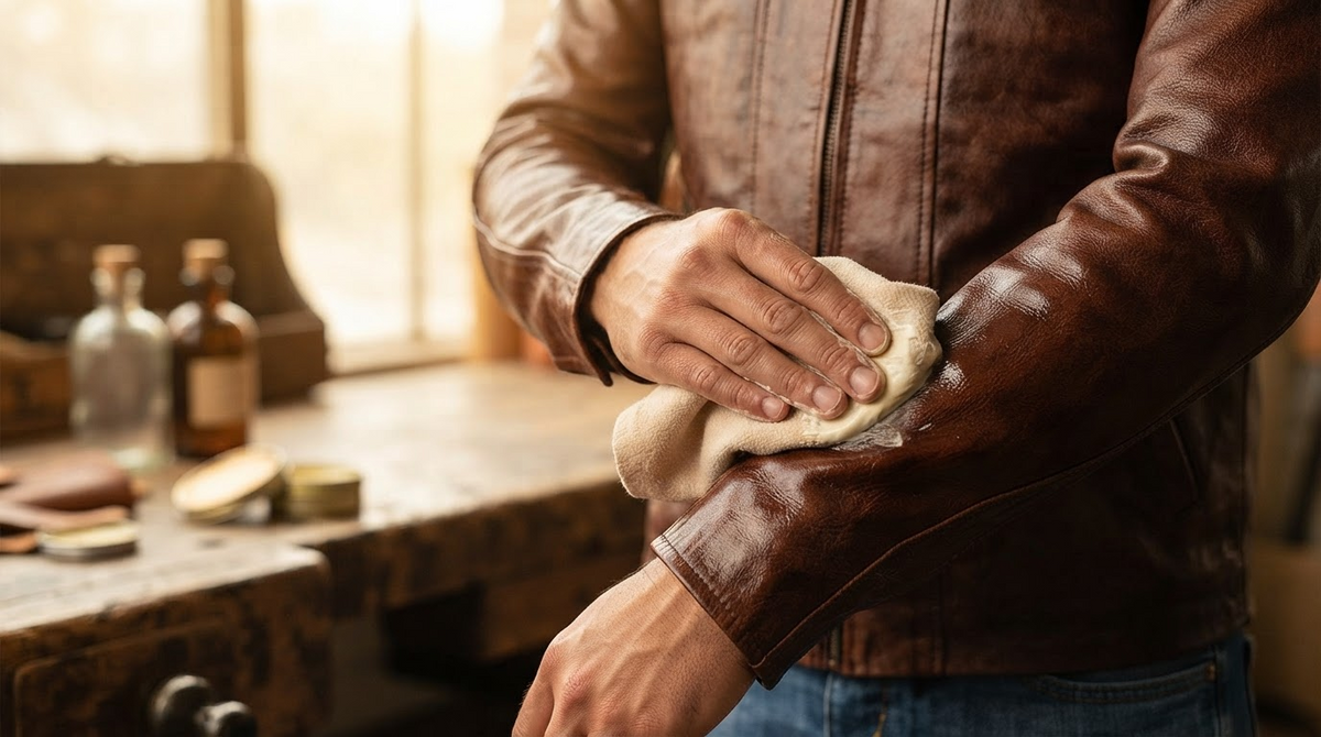 A hand applying leather conditioner with a cloth to a brown leather jacket sleeve, glossy nourished finish
