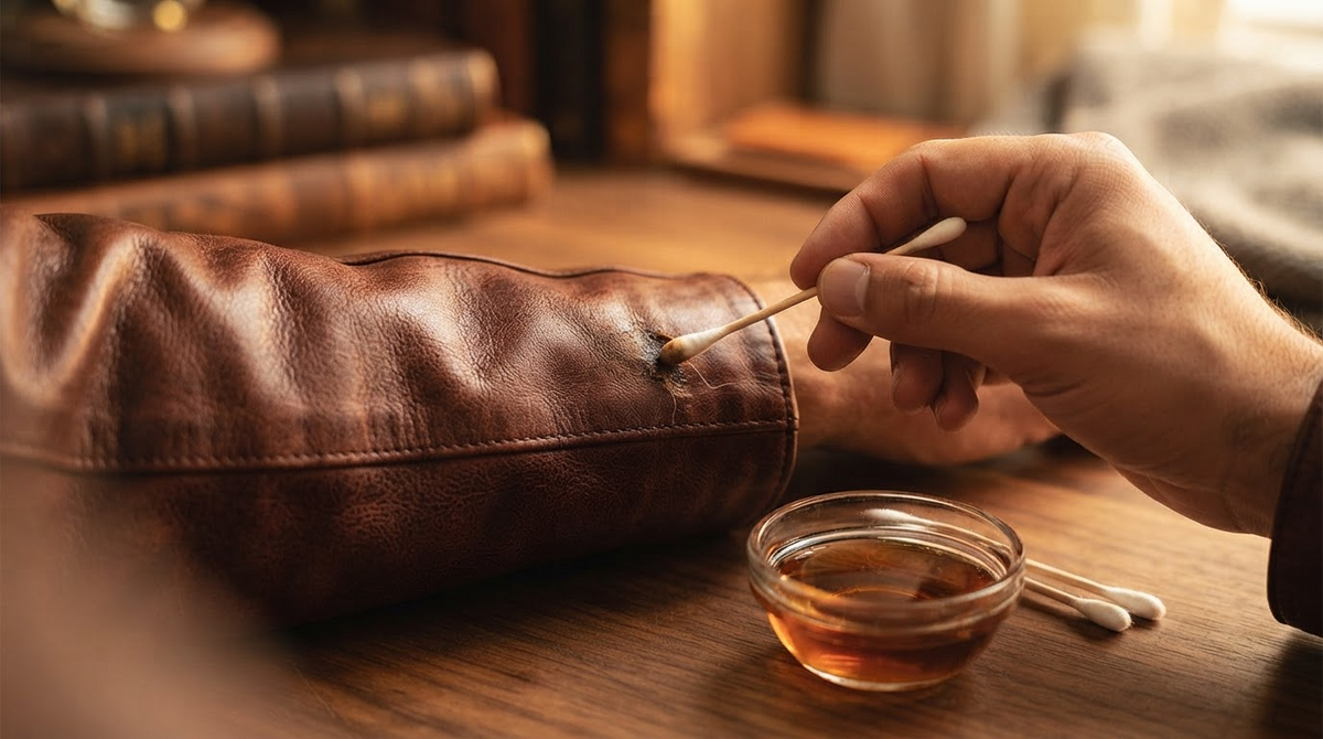 Close-up of a brown leather jacket sleeve with a cotton swab and small dish of cleaning solution treating a spot
