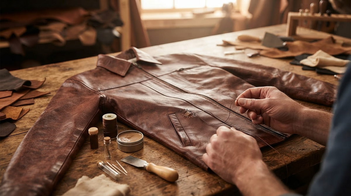 A brown leather jacket with a small scuff being repaired, leather filler, needle and waxed thread on a workbench