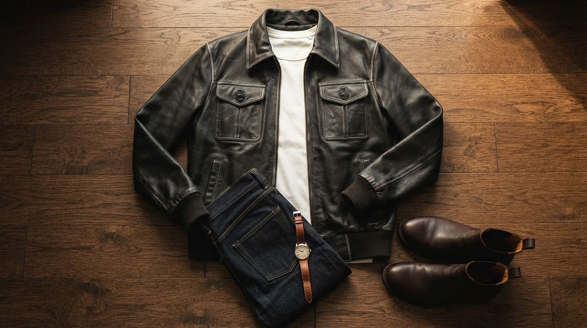 A menswear outfit flat lay, black leather jacket, white tee, dark denim, brown boots and a watch on a wooden floor