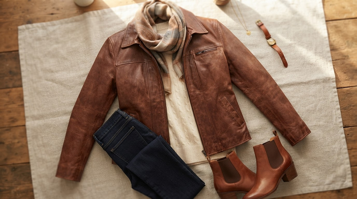 A womenswear outfit flat lay, brown leather jacket, knit sweater, slim jeans, ankle boots and a scarf on linen
