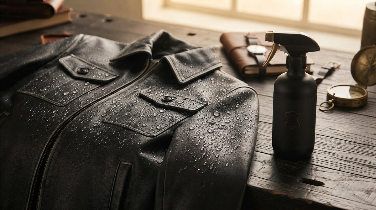 A black leather jacket with water droplets beading on its treated surface, waterproofing spray bottle beside it
