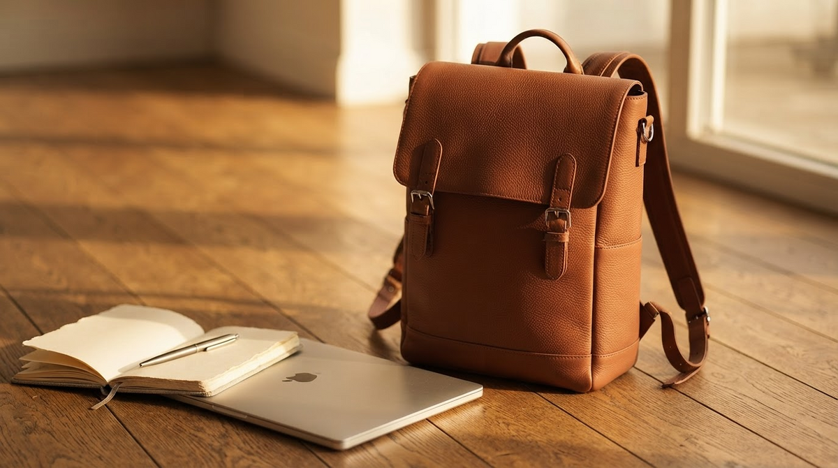 A brown full-grain leather backpack standing on a wooden floor beside a laptop and notebook, warm daylight