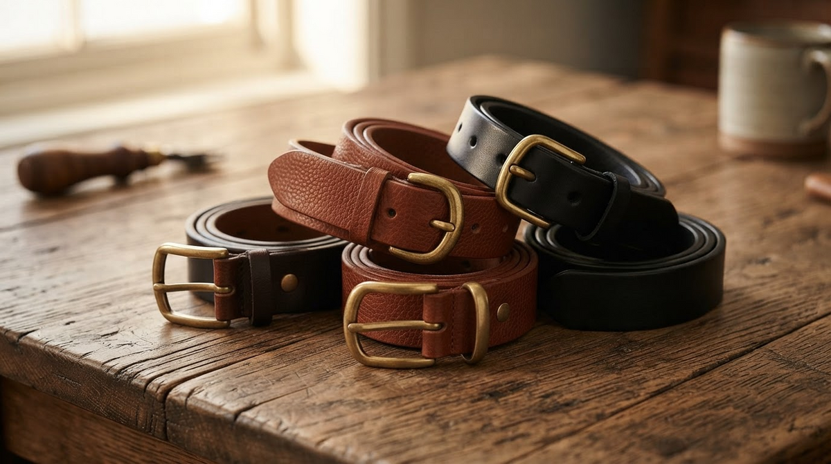 Several rolled brown and black leather belts with brass buckles arranged on a rustic wooden table