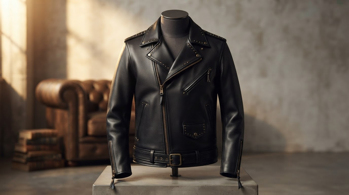 A black leather biker jacket with asymmetric zip on a mannequin bust, studded details, dramatic side light