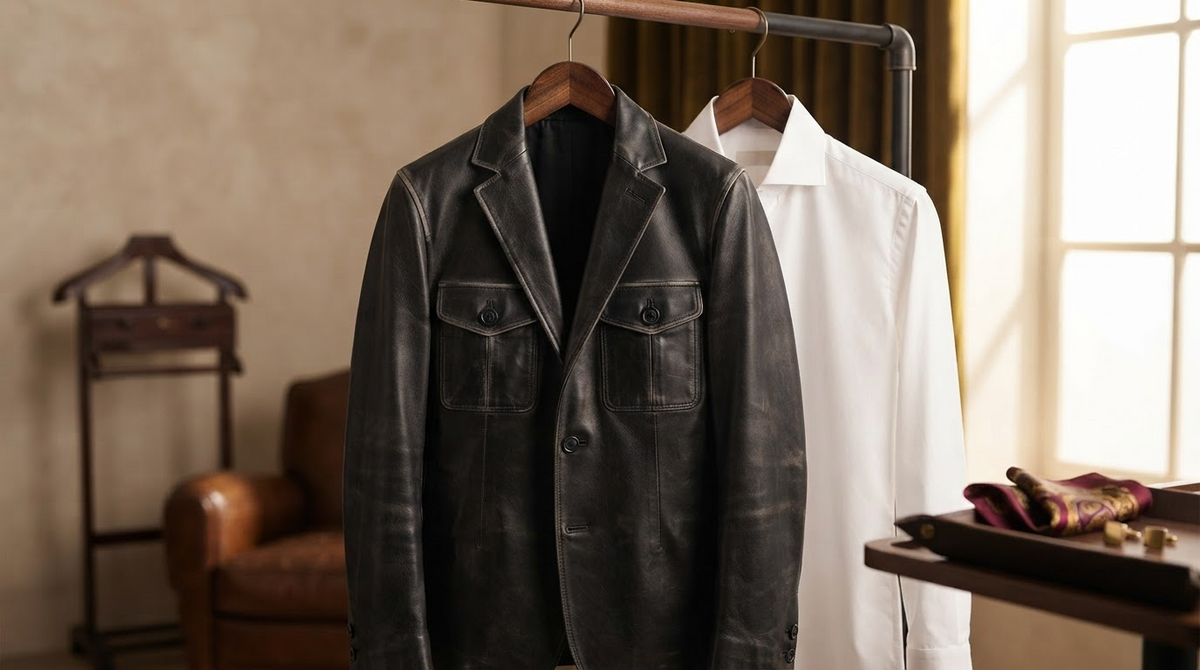 A tailored black leather blazer on a wooden hanger next to a dress shirt, refined menswear styling