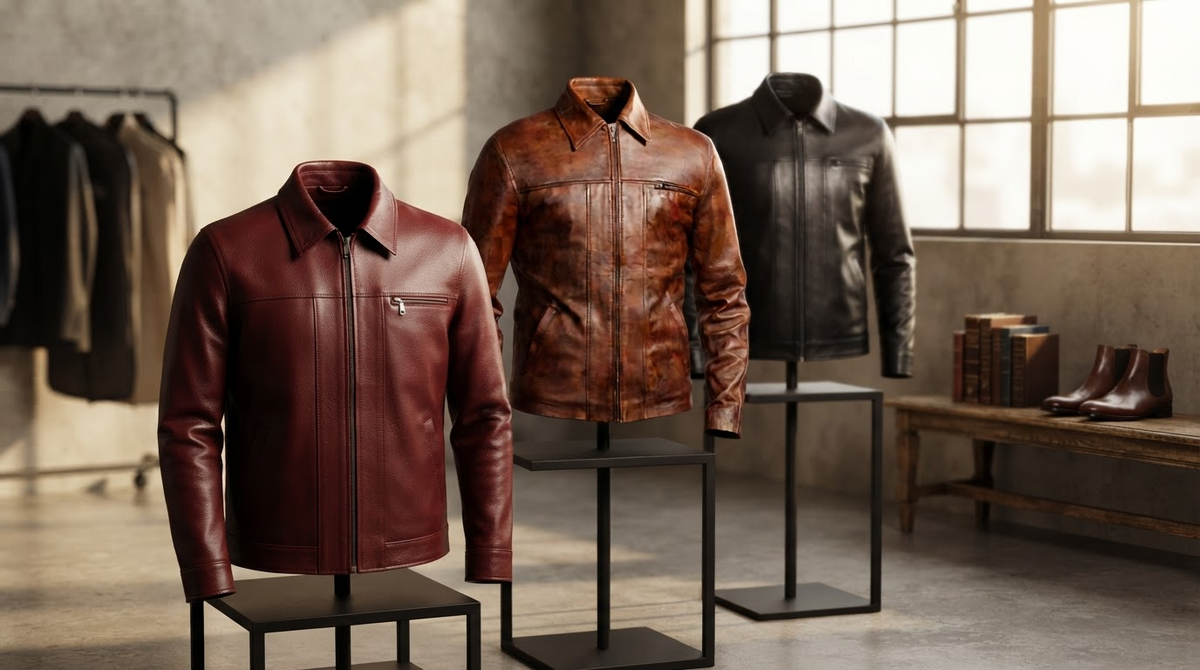 A stylish editorial scene of assorted modern leather jackets in tan, oxblood and black on minimalist stands, runway mood