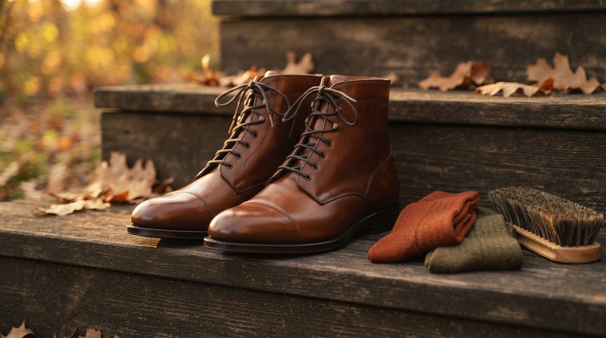 A pair of brown leather derby boots on a wooden step beside rolled socks and a shoe brush, autumn light