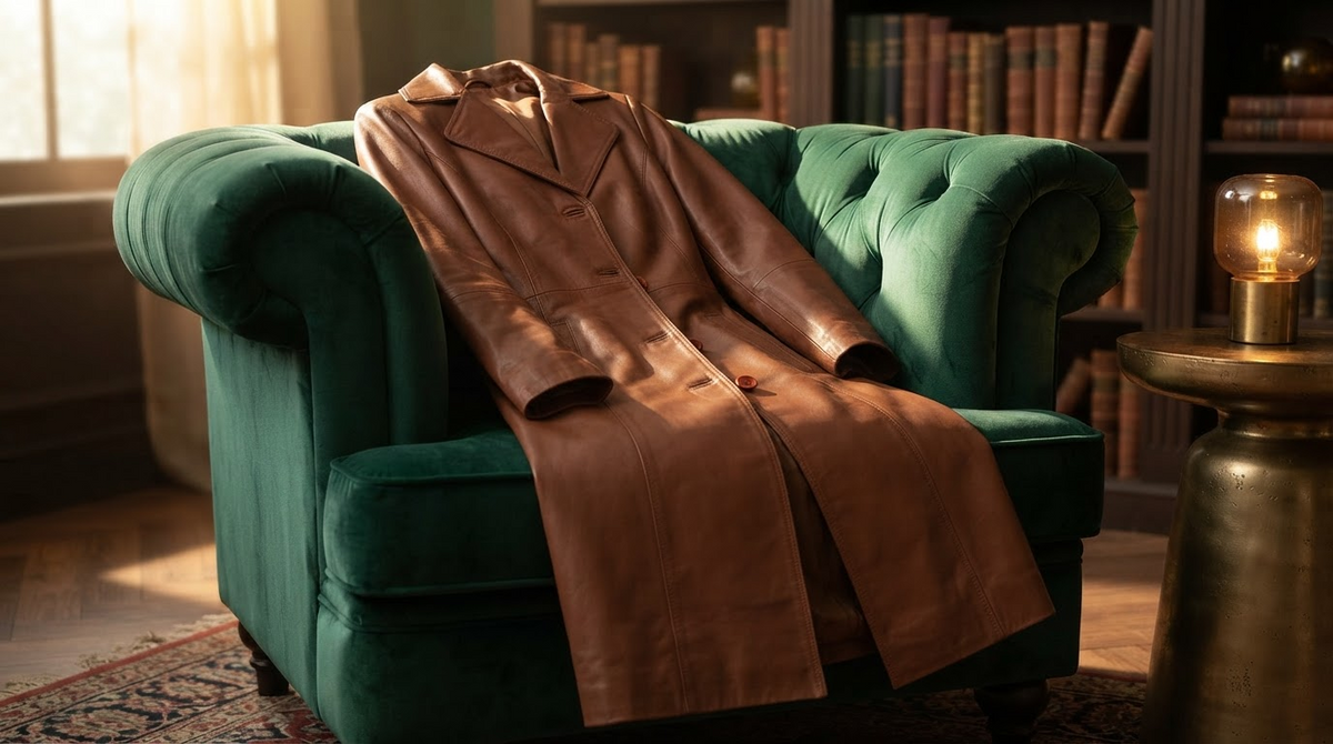 A long brown leather coat draped elegantly over a velvet chair in a warm interior, full-length drape