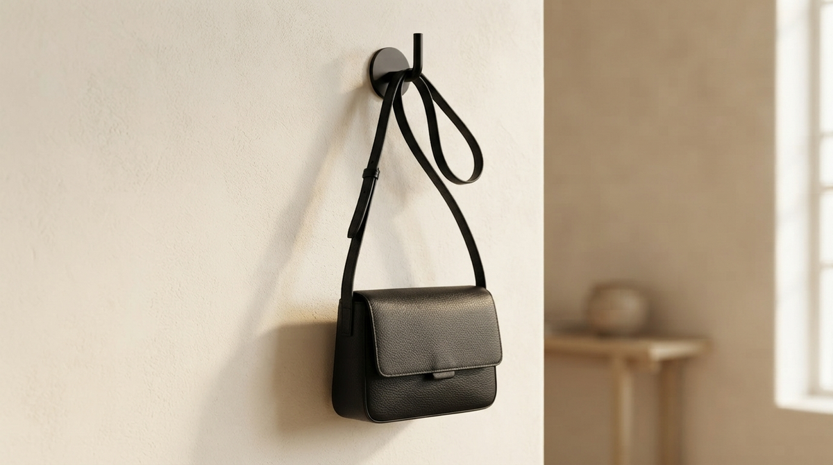 A compact black leather crossbody bag hanging on a hook against a neutral wall, minimalist product scene