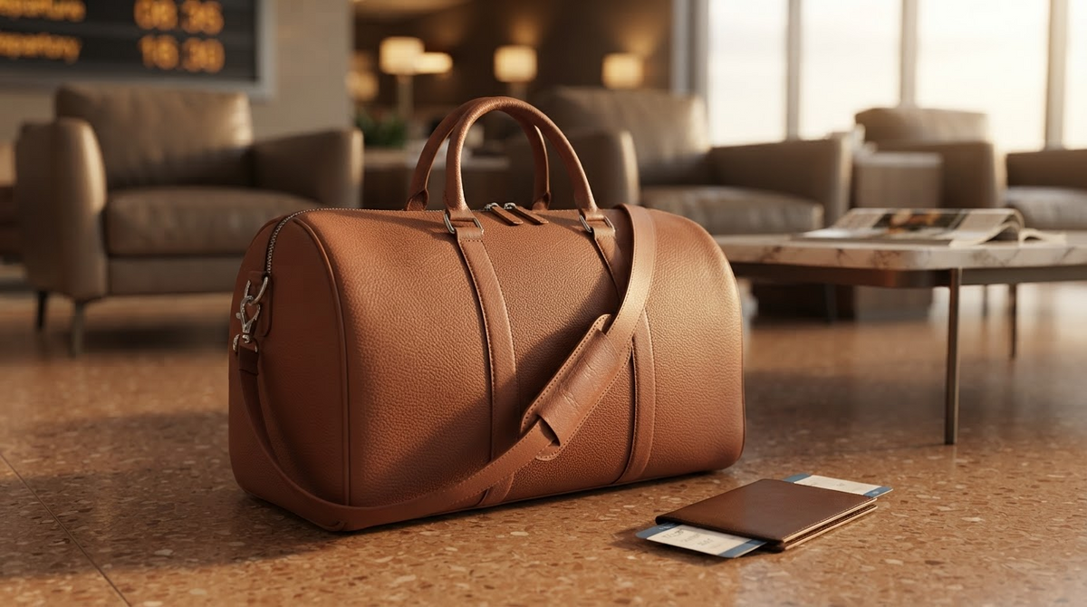 A brown leather duffle travel bag on an airport lounge floor beside a passport and boarding pass, travel mood