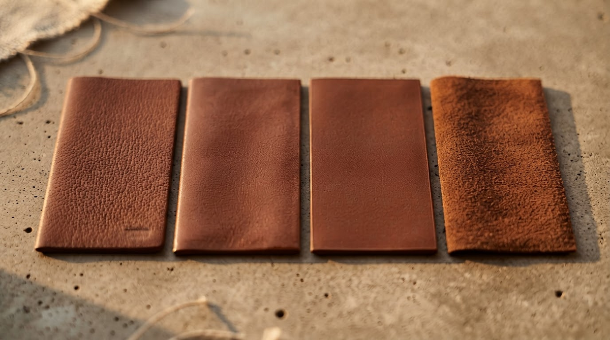 A row of leather swatches showing aniline, semi-aniline, pigmented and suede finishes, macro texture study
