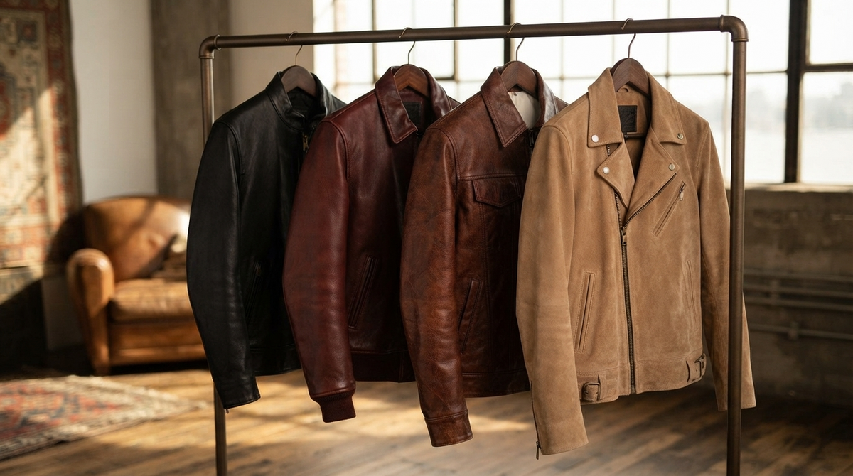 Leather jackets in black, brown, tan and oxblood arranged in a colour gradient on a rail, palette study