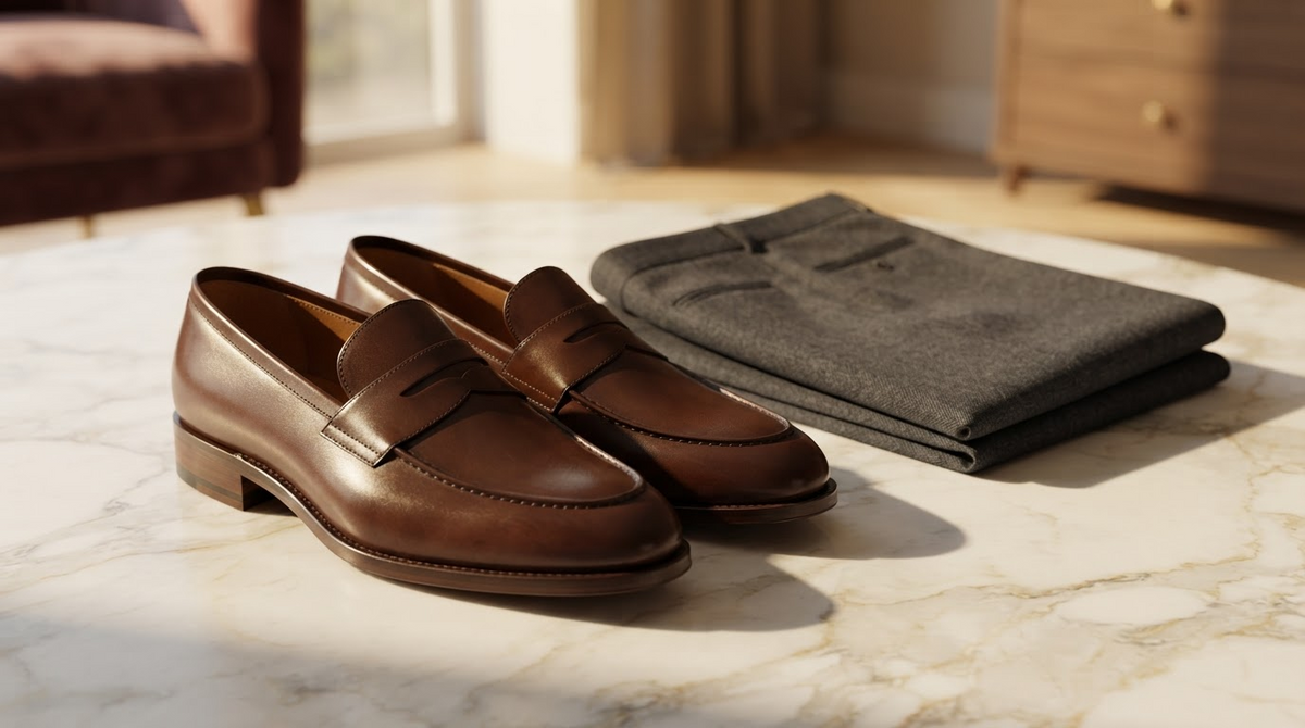 A pair of polished brown leather penny loafers on a marble floor beside neatly folded trousers