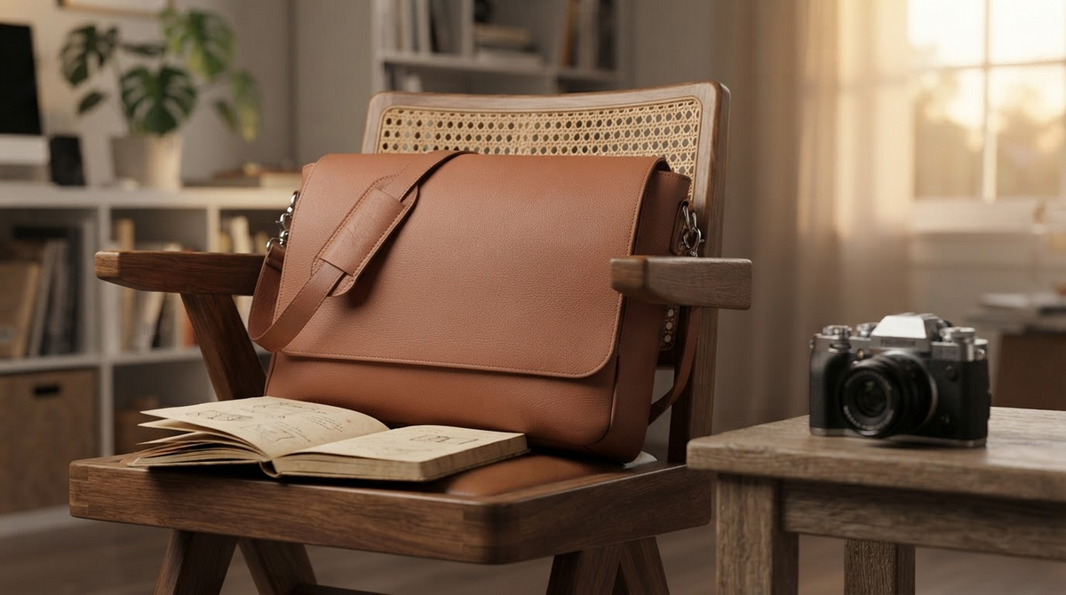 A brown leather messenger bag slung on a chair beside a notebook and camera, creative-professional vibe