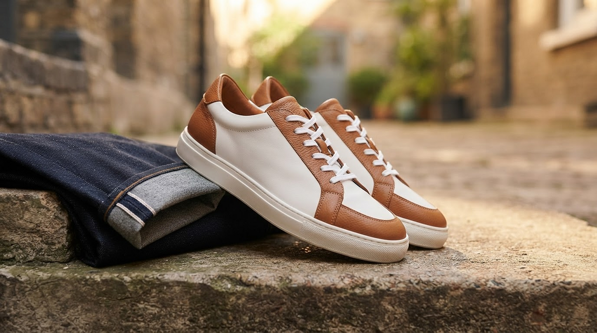 A pair of white and tan leather sneakers on a concrete step beside rolled jeans, clean streetwear