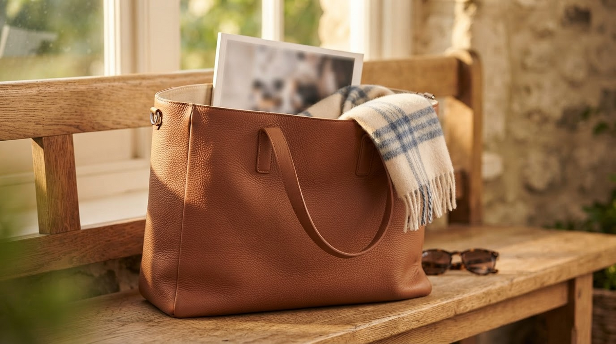 A large brown leather tote bag standing open on a wooden bench with a scarf and magazine inside