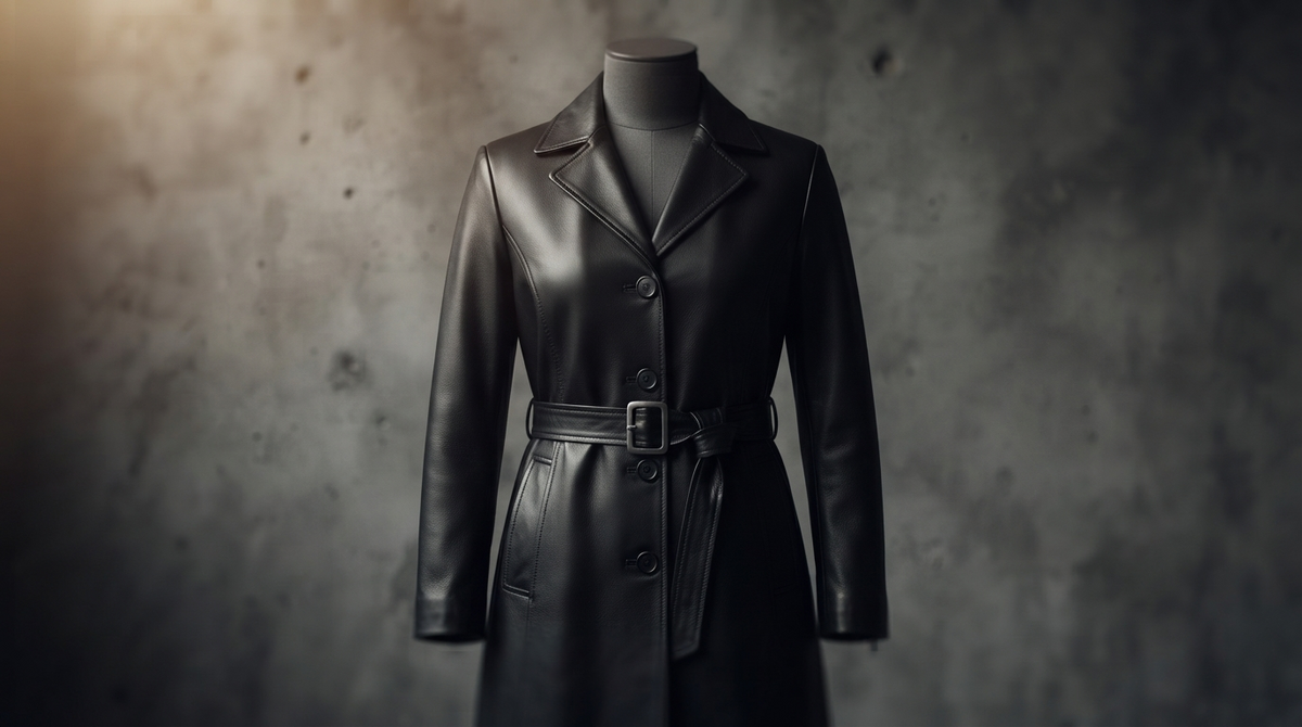 A belted black leather trench coat on a mannequin against a moody grey backdrop, cinematic