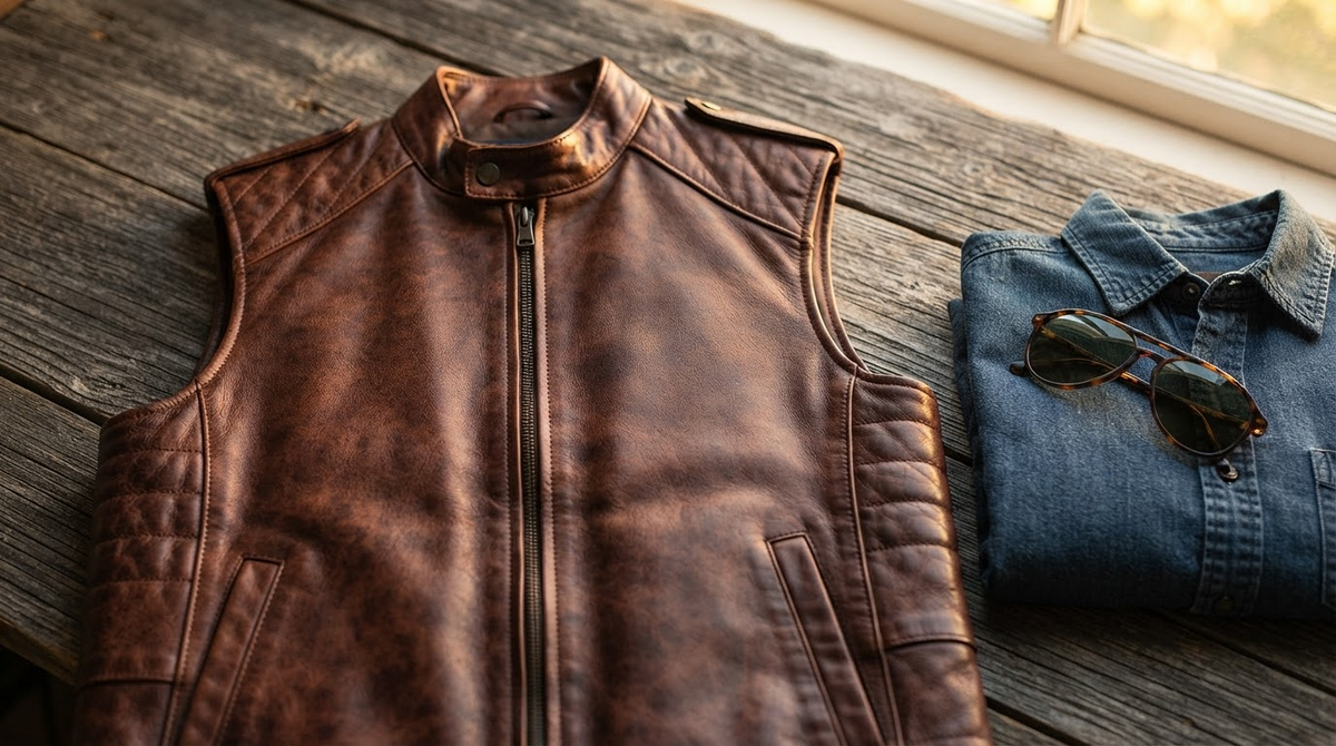 A brown leather moto vest laid on weathered wood beside a denim shirt and sunglasses, rugged flat lay