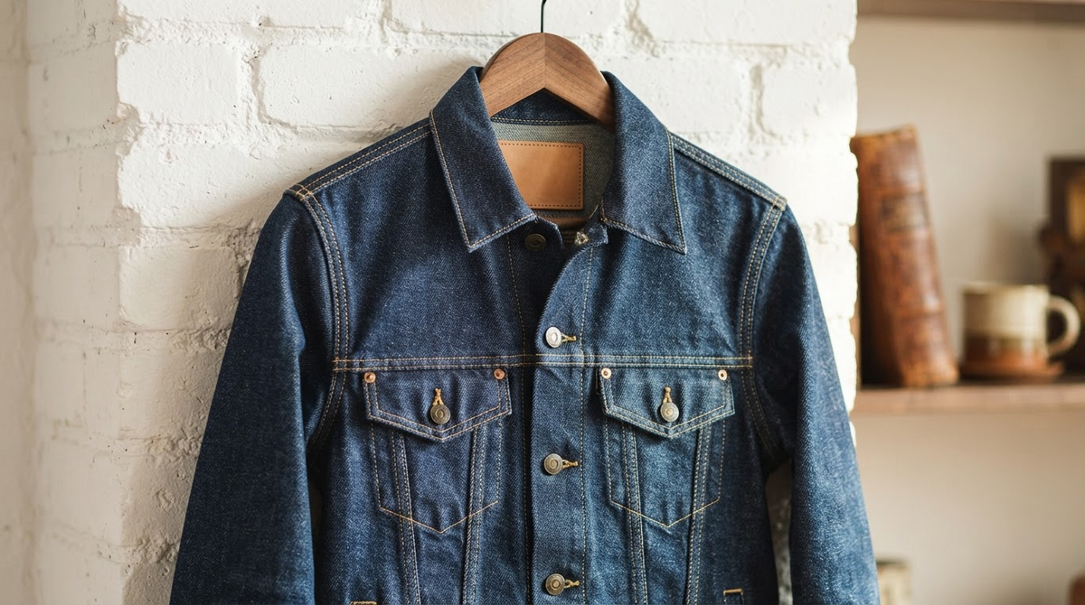 A classic blue denim trucker jacket on a wooden hanger against white brick, casual menswear
