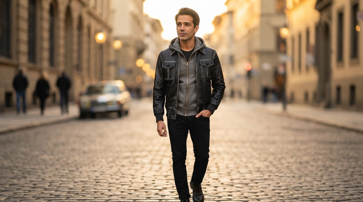 A man wearing a black leather jacket over a grey hoodie on a city street at golden hour, editorial