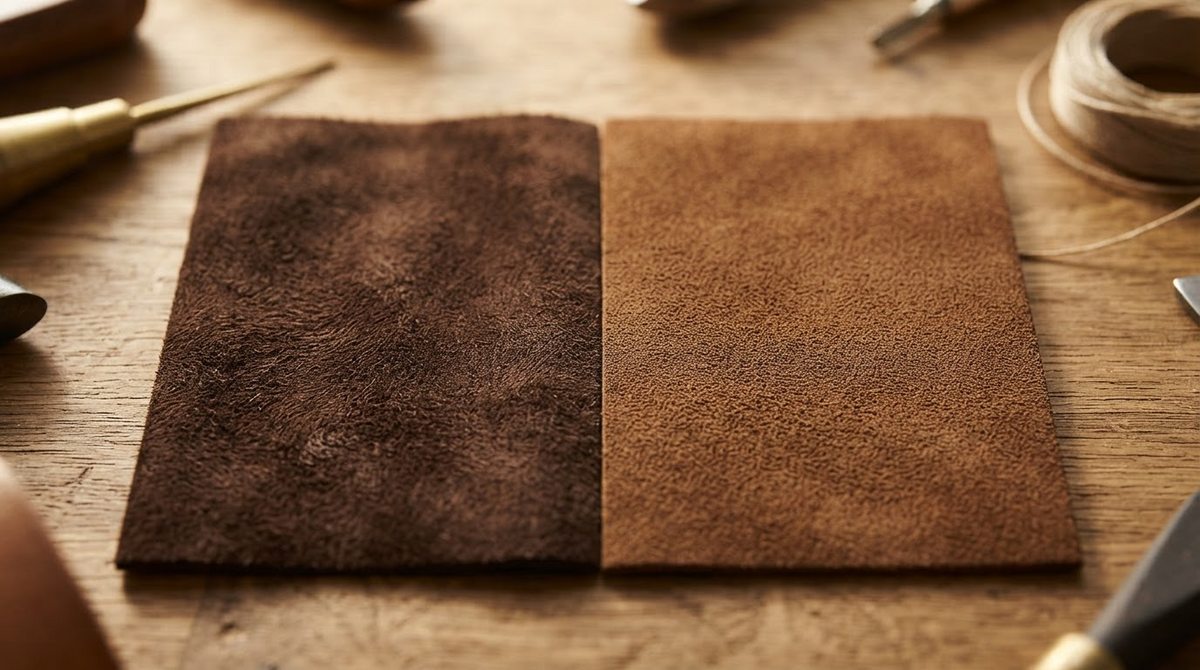 Two soft napped leather swatches side by side, velvety suede and fine nubuck, macro texture comparison