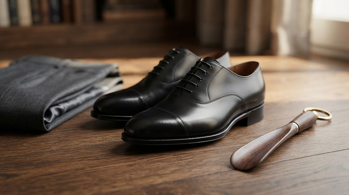 A pair of polished black oxford dress shoes on a wooden floor beside a folded suit trouser and shoehorn