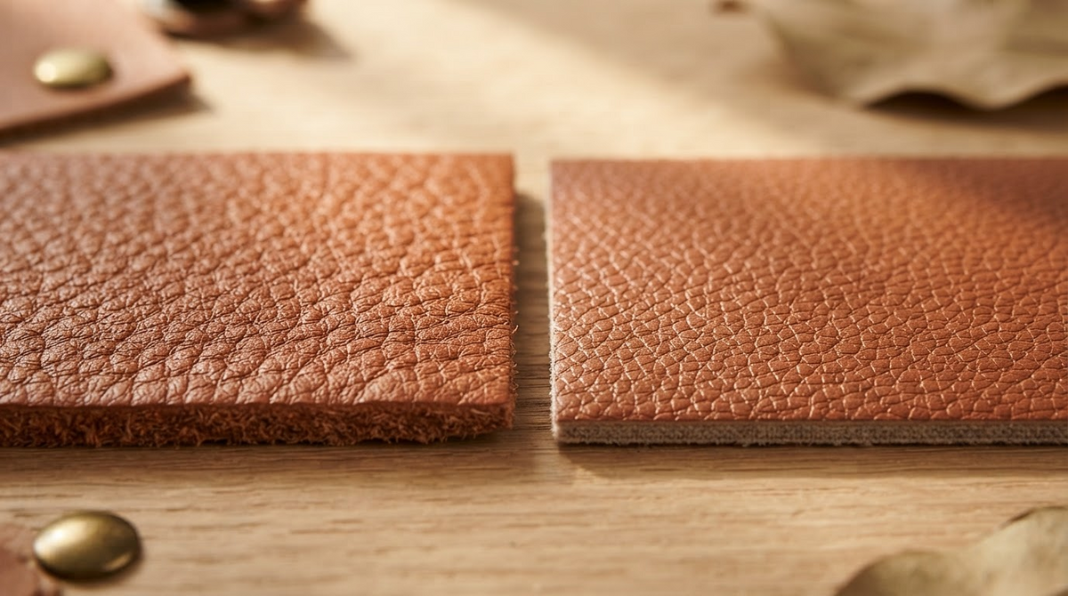 Two leather swatches, genuine grained leather and synthetic faux leather, side by side macro to show difference