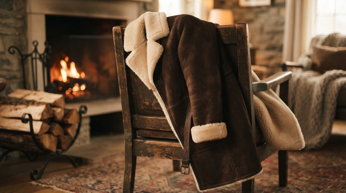 A long brown shearling coat with fluffy cream lining draped over a rustic chair by a fireplace, cosy winter
