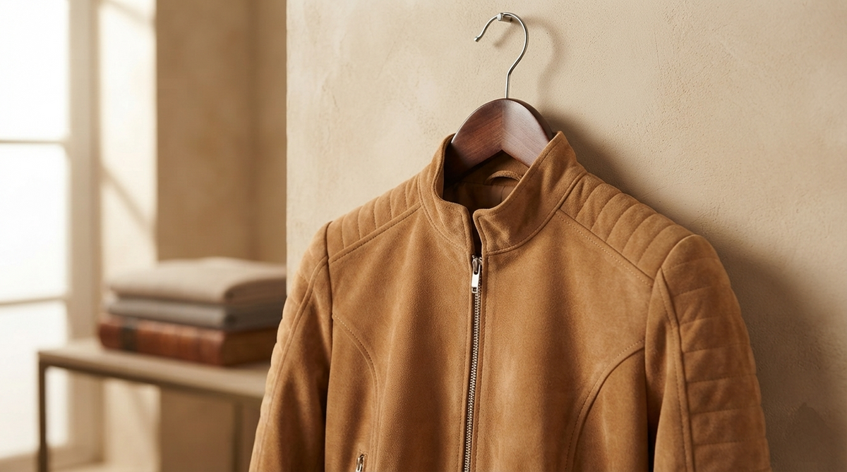 A tan suede jacket on a wooden hanger against a warm beige wall, soft velvety nap catching light