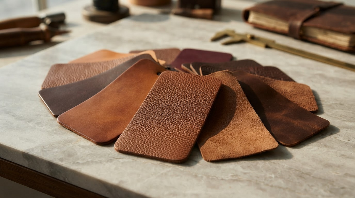 A collection of leather swatches from full-grain to suede fanned out on a stone surface, material library