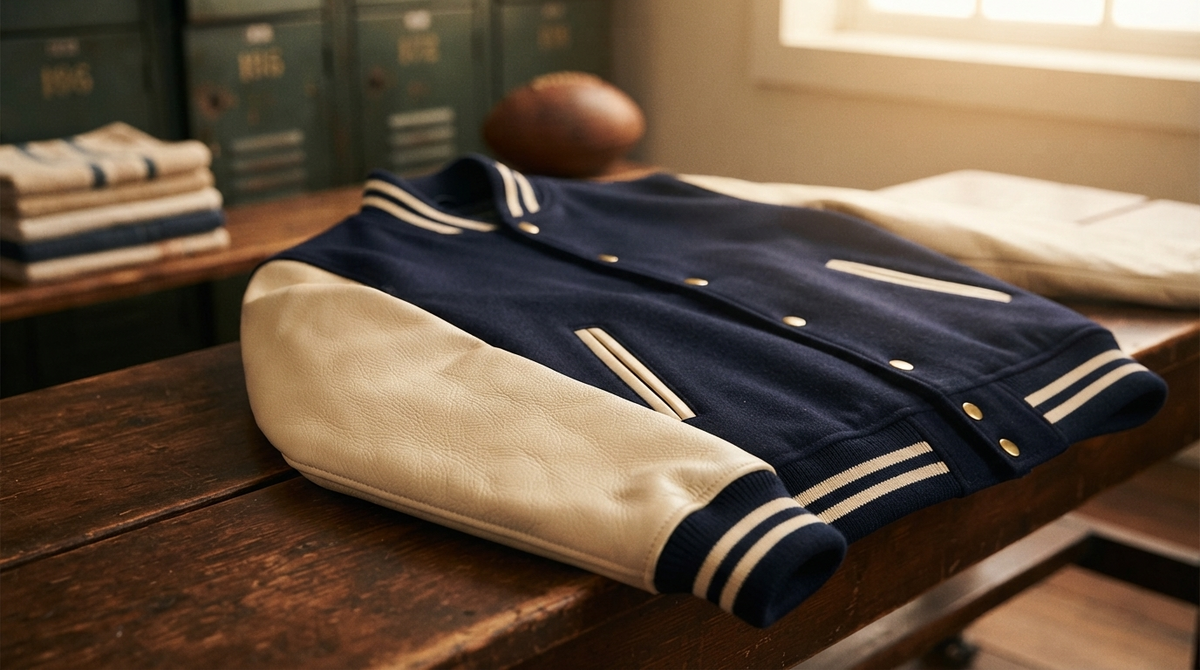 A navy and cream wool varsity letterman jacket with leather sleeves on a locker-room bench, collegiate mood